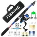 Portable telescopic fishing rod set with spinning reel, bag, and various lures for outdoor fishing. - 1.8M Rod Reel Full Set With Bag / Starry Blue