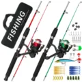 Complete fishing rod and reel combo set with red and green spinning rods and tackle bag. - Double Rods Complete Set / Two Colors