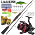 Set Caña de Pesca 2.1M Completo Carrete Mar Señuelos Línea Accesorios Pesca Kit - 2.1m / Negro Rojo