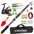 Ensemble complet de canne à pêche télescopique et moulinet avec leurres, hameçons et sac. - 2.4m / Violet
