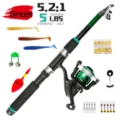 Set de caña de pescar telescópica verde y carrete con señuelos y accesorios de pesca - Set de Caña y Carrete Verde