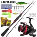 Set completo de caña de pescar con carrete, señuelos, sedal y caja de aparejos de pesca. - 2.4m / Negro Rojo