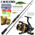 Set completo de caña de pescar spinning 2.1M con carrete, señuelos, anzuelos y caja. - 2.1m / Negro y Oro