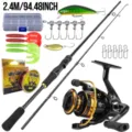 Juego de canna de pescar de 2.4M con carrete, anzuelos, sedal y caja para pesca deportiva. - 2.4m / Negro y Oro