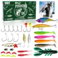 Dettaglio del set di esche da pesca completo con esche rigide, morbide, ami e scatola. - Verde (519-783B)