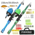 Portable telescopic fishing rod set with spinning reel, lures, hooks, and carry bag. - Camouflage Blue and Green Double Rod and Reel Set