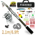 Telescopic fishing rod and reel combo set with lures, hooks, soft baits and carrying bag. - 2.1m 409 Set