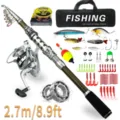 Complete telescopic fishing rod and spinning reel combo set with lures, line, and carry bag. - 2.7m 409 Set