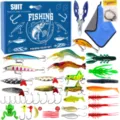 Set da pesca completo con vari esche, ami, pinze e una pratica scatola di conservazione blu. - 672A
