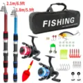 Complete fishing rod set with 1.8m and 2.1m telescoping poles, reels, and bait accessories. - 1.8M Blue + 2.1M Red Rod And Reel Set