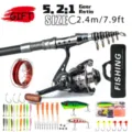 Carbon fiber telescopic fishing rod and reel set with portable travel bag and assorted lures. - 2.4m Set