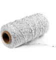 Detailed view of the metallic white cotton twine spool, perfect for gift wrapping and crafts. - With Silver Thread