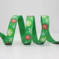 Christmas green ribbon with white snowflakes and red dots for gift wrapping 1cm 22m long - Green