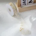 Christmas organza ribbon with gold stars and trees pattern for gift wrapping and decor. - One Roll 25 Yards Price / Beige