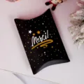 Black pillow gift box with gold stars and Merci text for Christmas candy packaging. - Single Piece Flat Shipping / Black Gold Star Merci
