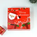 Red Christmas gift box for nougat cookies and nuts packaging, festive holiday design. - Style F / 14x14x5cm