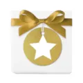 Caja de regalo blanca con cinta dorada y etiqueta de estrella para decoración navideña. - Estrella de cinco puntas / Pack de 100