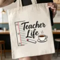 Leinwand Lehrer Tragetasche mit niedlichem Buchstaben Druck, grosse Kapazitaet Schultertasche. - Minimalistische Kunstschrift Lehrerleben Stil (20) / 35x40cm