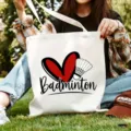 Weißer Segeltuch Shopper mit Badminton Herz Print, lässige Freizeittasche für Damen. - Beiges Badminton-Druck / 35x40cm