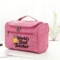 Pink travel cosmetic bag with teacher appreciation print, portable makeup organizer pouch. - Style 18
