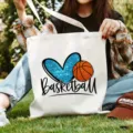 Segeltuchtasche mit Basketball und Glitzerherz Druck für Alltag und Freizeit im Büro - Basketball-Print / 35x40cm