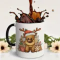 Cute Christmas reindeer ceramic mug with black handle and dynamic coffee splash design for holiday gifts - Black Handle Style