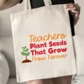 Nahaufnahme Detail der Lehrertasche aus Leinen mit inspirierendem Zitat und süßem Pflanzenmotiv. - Pflanzensamen Inspirierender Slogan Stil (11) / 35x40cm