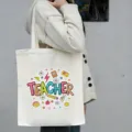 Grote canvas tote bag met schattige leraar letters print, casual studenten boodschappentas. - Cartoon Sticker Stijl Druk (8) / 35*40cm