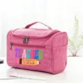 Pink travel cosmetic bag with handle teacher vibes print portable makeup storage organizer - Style 14