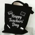Detailed view of black canvas tote bag with Teachers Day print, casual daily student bag design - Style 2