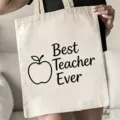 Detailansicht der Canvas Tragetasche mit Apfelmotiv und Best Teacher Ever Aufdruck. - Apfel Bester Lehrer Aller Zeiten Stil (9) / 35x40cm