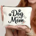 Weisse Leinen Kosmetiktasche mit Hunde Mami Motiv, ideale Reisetasche und Geschenk für Tierfreunde. - Dog Mom Stil