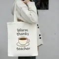 Close up detail of minimalist canvas tote bag with teacher appreciation design and large capacity. - Coffee Cup Thanks Print Style (2) / 35*40cm