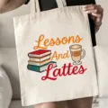 Canvas tote bag for teachers, large capacity aesthetic book and coffee print shoulder bag. - Lessons And Lattes Style (3) / 35x40cm