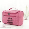 Pink travel cosmetic bag with teacher theme, portable storage organizer for daily use. - Style 8