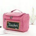 Pink travel cosmetic bag with teacher chalkboard print, portable storage organizer for makeup. - Style 7