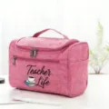 Pink cosmetic travel organizer bag with teacher life print for daily use and travel storage - Style 5