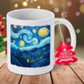 Van Gogh Starry Night ceramic coffee cup artistic swirl design white mug with Christmas tag - 350ml / White