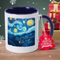 Tazza da caffè in ceramica Van Gogh Notte Stellata con manico blu e etichetta natalizia festiva. - 350ml / Blu