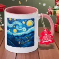Van Gogh Starry Night ceramic coffee mug with pink handle and artistic gift cup design. - 350ml / Pink
