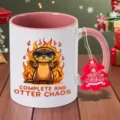 Tasse à café en céramique avec joli loutre et étiquette de Noël, poignée rose, cadeau festif. - 350ml / Rose