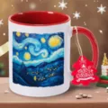 Van Gogh Starry Night ceramic coffee mug with red handle and festive Christmas tree tag - 350ml / Red