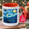 Tazza da caffè in ceramica Notte Stellata con manico arancione e festivo design natalizio. - 350ml / Arancione
