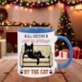 Keramiktasse mit süßem schwarzem Katzenmotiv und witzigem Spruch, weihnachtliche Detailansicht. - Blau Katzenstil