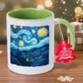 Tazza da caffè in ceramica Notte stellata di Van Gogh con manico verde ed etichetta. - 350ml / Verde