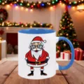 Close-up detail of festive Christmas ceramic mug with blue handle and cute Santa graphic. - 350ml / Blue