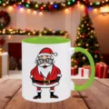 Close-up detail of a festive ceramic Christmas mug with a cool Santa graphic and green handle. - 350ml / Green