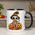 Gothischer süßer Skelett Keramik Kaffebecher mit Hexenhut und Kürbis Design für Halloween - Einzelbecher (350ml) / Schwarz-Weiß Patchwork