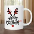 Christmas ceramic mug with red black plaid reindeer antlers design for holiday gift. - White (Plaid Reindeer Antlers)