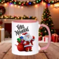 Christmas themed ceramic coffee mug with pink handle and cute Santa Claus graphic design - 350ml / Pink